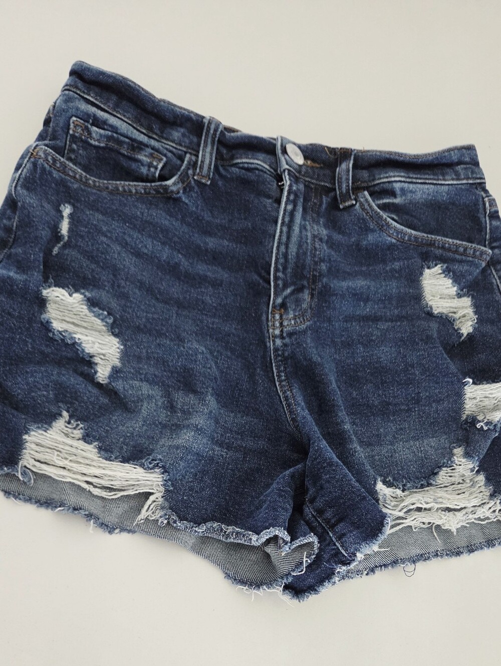 Distressed High-Waist Denim Shorts - Dark Blue